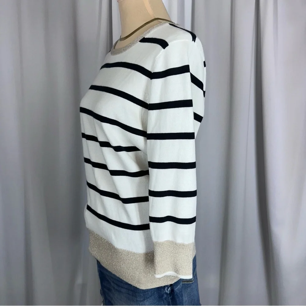 Lands End‎ Women’s Striped 100% Supima Cotton Sweater Sz S 3/4 Sleeve Metalli